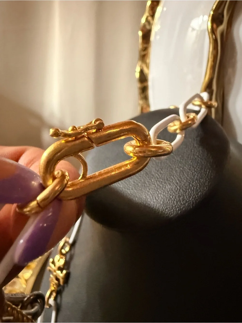 Tory Burch Gold and White Link Necklace with Signature Logo